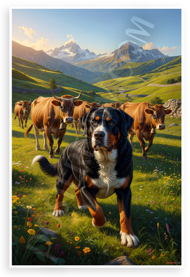 Bernese Mountain Dog Herding Cows Swiss Alps 12x18 Poster