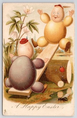 Anthropomorphic Hard Boiled Eggs Children on See Saw Tuck Easter Postcard