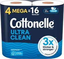 Cottonelle Ultra Clean Toilet Paper, 4 Mega Rolls = 16 Regular Rolls,