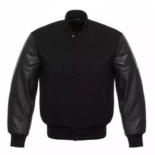 Varsity Letterman Baseball Jacket - Black Wool & Black Cowhide Leather Sleeves