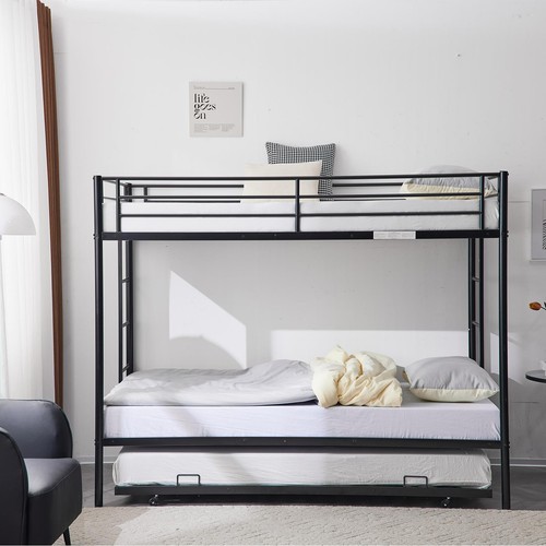 Twin Over Bunk Bed with Trundle, Heavy-Duty Metal Bunk Bed Frame Black - Picture 2 of 9
