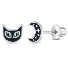 Cat in The Moon Kids / Girls Earrings Screw Back Enamel - Sterling Silver