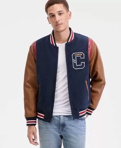 Champion Men's Mixed Media Varsity Bomber Jacket Navy Brown (LARGE) CH5RP290 🐅 image 11