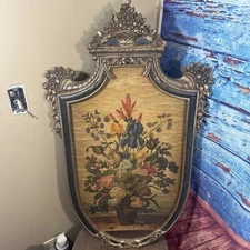 Vintage 40” Floral Wall Art in Ornate Shield Frame Baroque Rococo Style