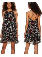 BCBGMAXAZRIA Ruffled Floral Mini Dress Black Multi-Color CrissCross Cami Small