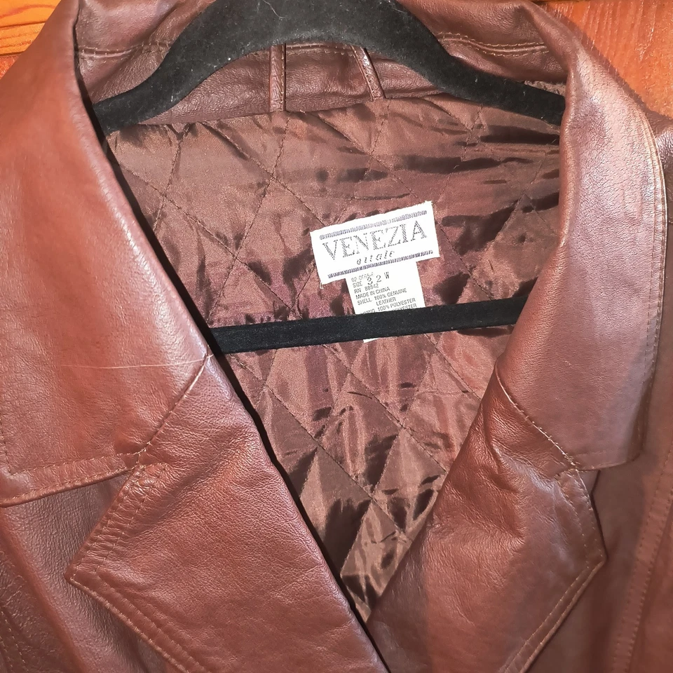 复古 70 年代皮革真皮风衣夹克纽扣女式 14 码 (32w) — 第 4/4 张图片