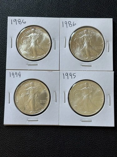 American $1 Silver Eagles BU Lot of (4) coins with 1986 (X2), 1994, 1995 nice