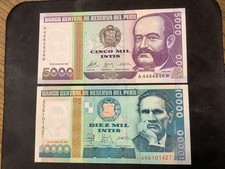 Peru 1988 5000/10000 Intis Crisp UNC 2 Banknote Lot.  N3594