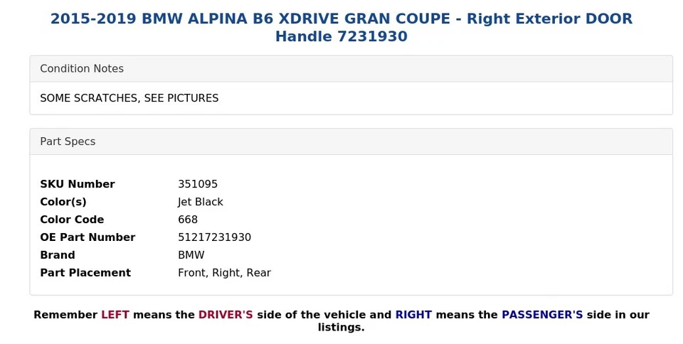 BMW ALPINA B6 XDRIVE GRAN CUPÉ 2015-2019 - Manija de puerta exterior derecha 7231930 Foto 4 de 4