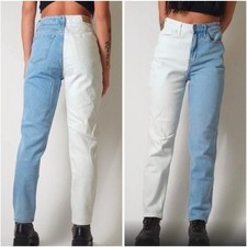 Hollister Split Leg Mom Jeans Womens 1R W25 L27 Blue White Two Tone High Rise