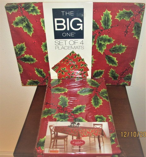 Quadratische Tischdecke und Tischsets Nikolaus rot Stechpalmenmuster - Bild 1 von 8