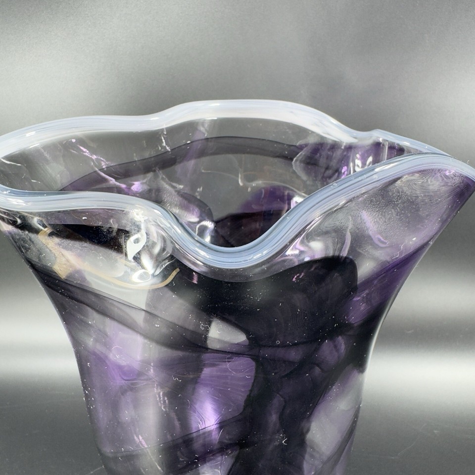 Hand Blown Studio Art Glass Vase Vessel Hand Made Purple Black Swirls