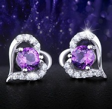 1.0 Cttw Heart Shaped Created Amethyst 925 Sterling Silver Stud Earrings Box K44