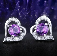 1.0 Cttw Heart Shaped Created Amethyst 925 Sterling Silver Stud Earrings Box K44