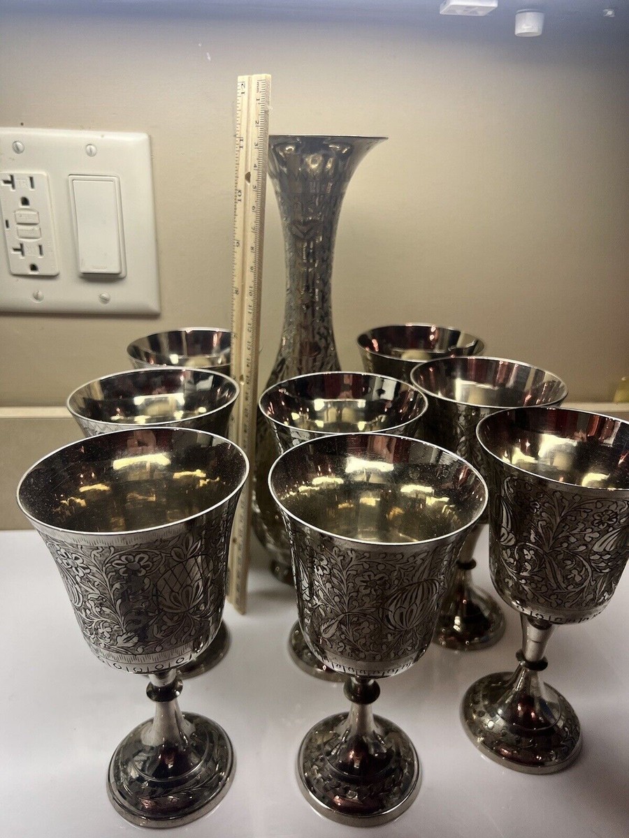 World Gift ZY India Silver plate Chandi Engraved Goblets Pitcher
