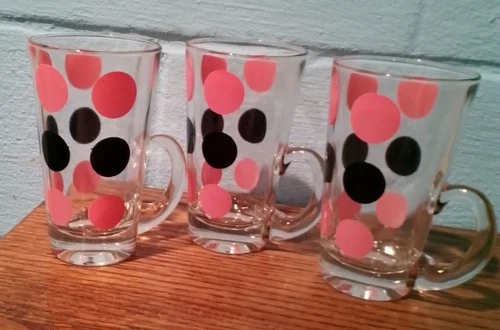 3 Vintage Hazel Atlas Pink/ Black Polka Dot Glass Mugs