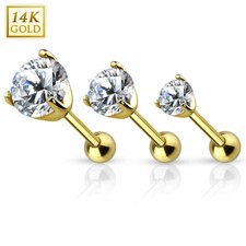 Prong CZ Top 14K Solid Gold Tripe Helix Tragus Cartilage Barbell Earring