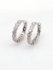 925 Sterling Silver All Around Huggie Hoop Earrings Bezel CZ Women 13mm/10mmx1.8