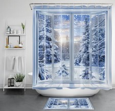 White Window Winter Woodland Snowy Forest Shower Curtain Set for Bathroom Decor