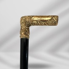 Gold-Plated L Handle Antique Walking Stick for Men. Signed Cane, Dated 1910