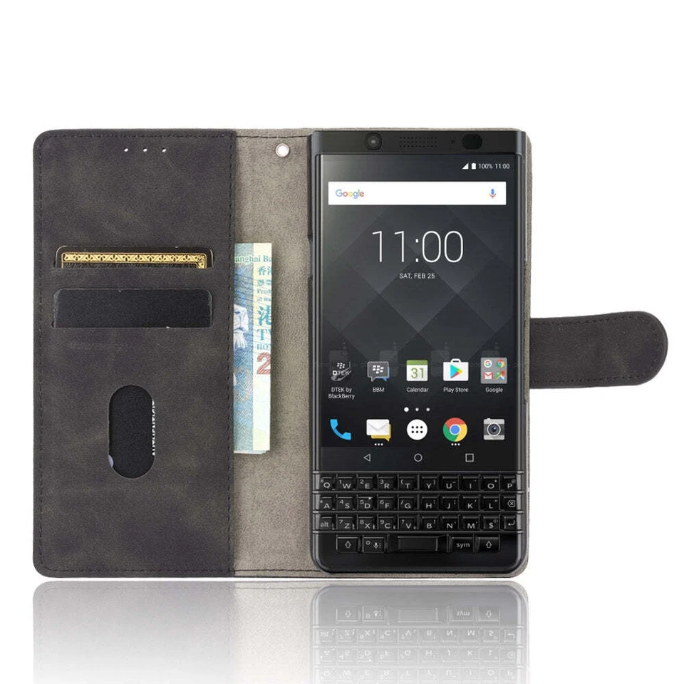 BlackBerry Keyone Horizontal Abatible Cuero Textura de becerro Ranura para Tarjeta Cartera Estuche Foto 4 de 4