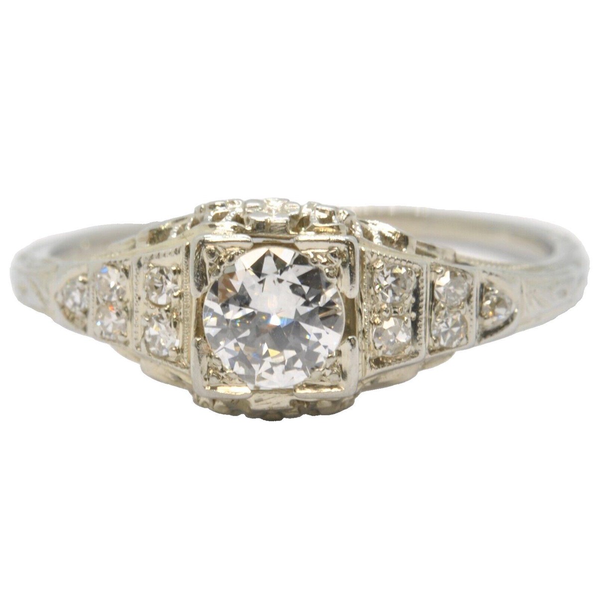 ANTIQUE VINTAGE ART DECO 18K WHITE GOLD DIAMOND RIGHT HAND CLUSTER ESTATE  RING