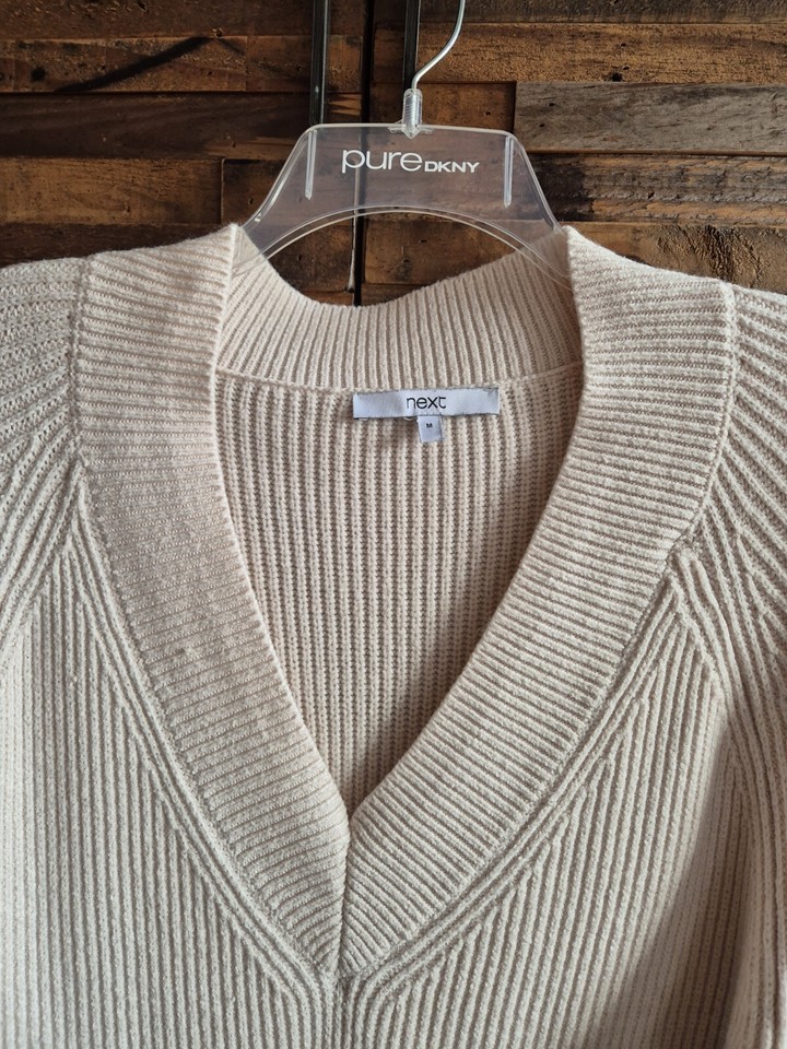 Ladies Next Cream Longline V Neck Ribbed Chunky Jumper Size M 12 14 eBay