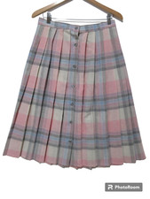 Sz 32 W29" VTG CHRISTEL Pleated Pink Blue Midi Skirt WOOL/POLY USA Button Up