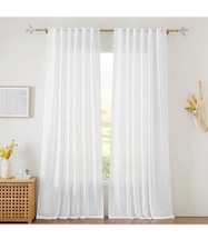 RYB HOME White Curtains Sheer Linen Texture 52  x 95  Light Translucent-Set Of 2