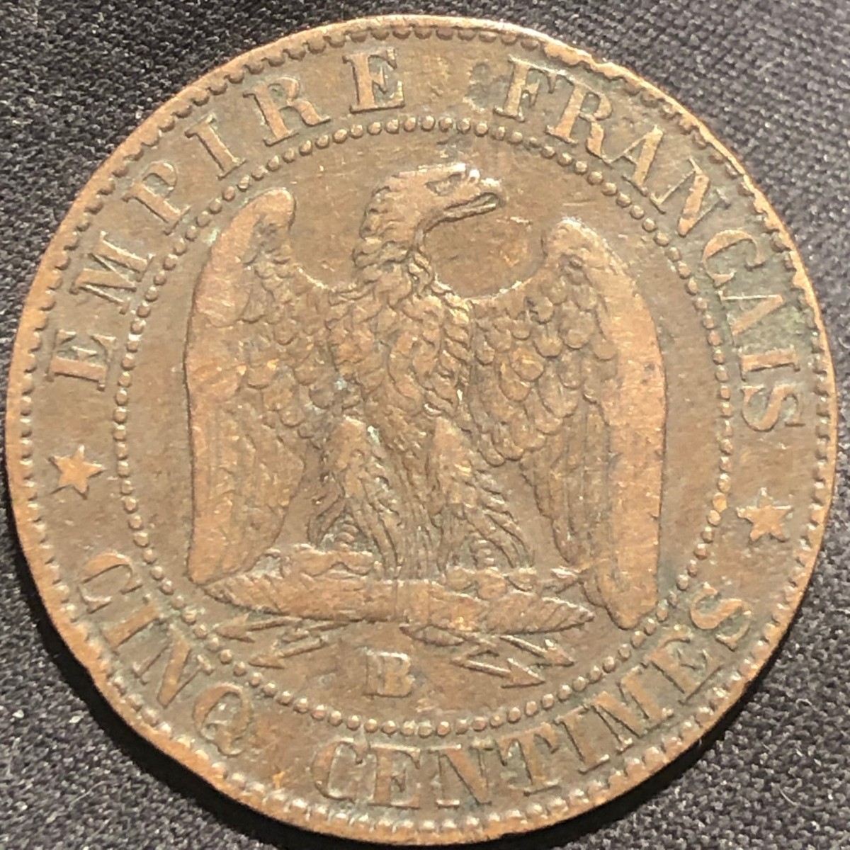 1855-BB France 5 Centimes Bronze Coin - VF (Very Fine) condition