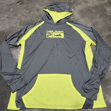 Pelagic Vaportek Mens Hoodie Medium Gray Neon Yellow Fishing Shirt UVA Protect