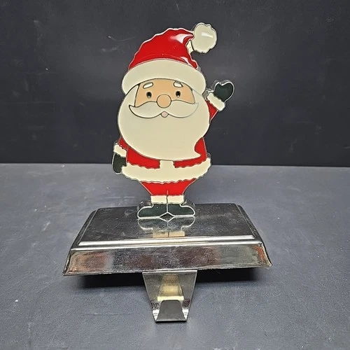 VTG Chrome Enamel Santa Stocking Holder 5.5" Xmas Mantel Hook Holiday Decor