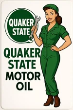 Quaker State Motor Oil Pinup Service Sales Vintage Style Metal Sign