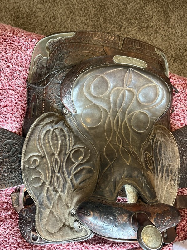 Vintage Brown Tooled Leather Western Saddle 13 1/2 silver accents
