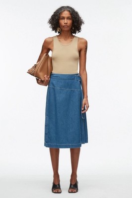 3.1 Phillip Lim Chambray Pleated Wrap Midi Skirt Blue 8 NWT $425
