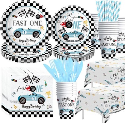 Fast One Birthday Decorations For Boys Tableware - Blue Race Car 1st Birthday Pa