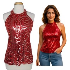Halter Style Top Red  Silver Solid Sequin Lined Adult L Dance Costume New