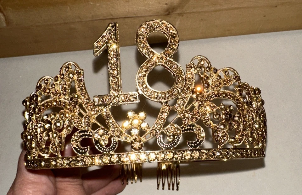 Happy 18th Birthday Golden Rhinestone Tiara Crown Cake Topper Stake - Image 2 of 4