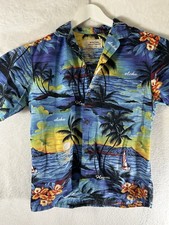 Royal Creations Hawaiian Shirt Men Small Blue Tropical Aloha Print Map Button Up
