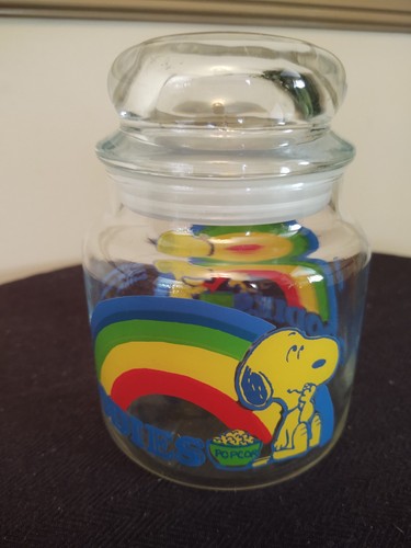 Vintage Peanuts Snoopy Woodstock Regenbogen Glas Goodies Glas mit Deckel 5,5" Schulz