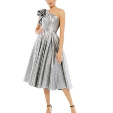 NEW Mac Duggal Silver One Shoulder Bow Midi Dress Size 10