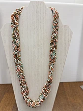 Handcrafted Beaded Necklace Brown Pink Turquoise White Pattern 24 Inch Long