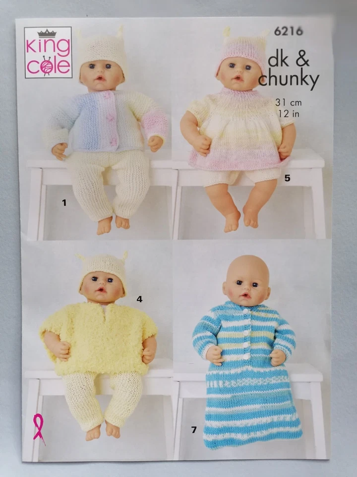DOLLS CLOTHES/PREM BABY Knitting Pattern, 12" Doll/Baby, 12/8ply, KING COLE 6216 - Image 2 of 3