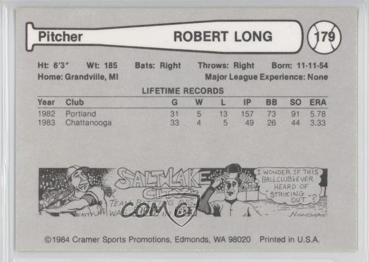 1984 Cramer Pacific Coast League Robert Long #179 - Image 2 of 2