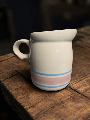 Vtg McCoy 3.75" Pitcher Creamer Stonecraft Blue Pink Stripe 1970s USA Farmhouse