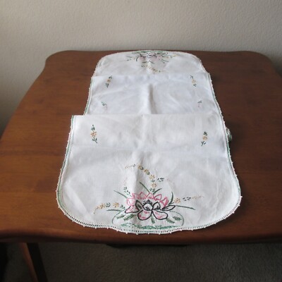 vintage embroidered dresser scarves Vintage Hand Embroidered Table Runner Dresser Scarf Floral Leaves Croc –  Avid Vintage