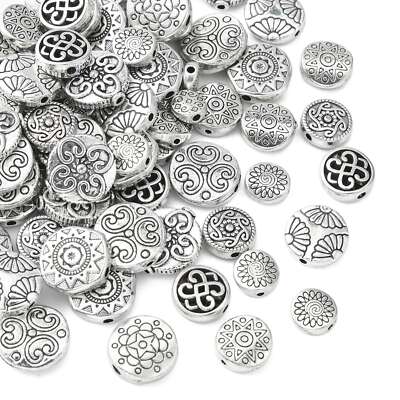 100Pcs Silver Flat Round Beads Flower Star Pattern for DIY Jewelry Craft Making