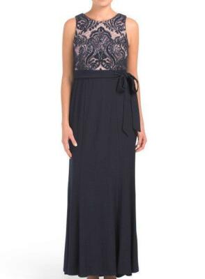 r&m richards embroidered sequin panel gown