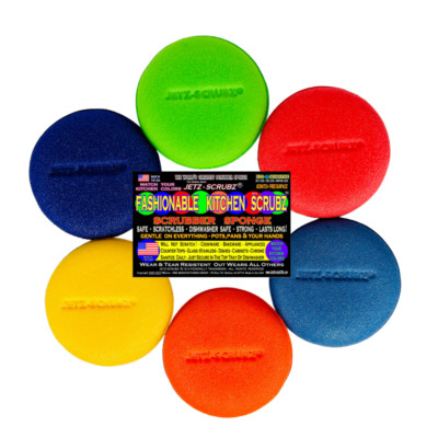 Jetz-Scrubz Kitchen Scrubber Sponges Fashion Colors Round VALUE PACK, Pack of 6