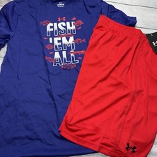 Under Armour Boys Youth XL 18/20 Fish Em All Blue Red Outfit Set NEW
